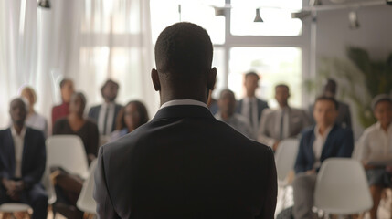 employees attending business meeting