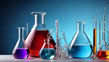 Laboratory glassware on color background