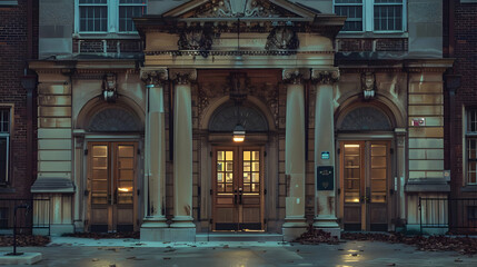 Historical hospital entrance in the evening, showcasing ornate architecture and grand double doors
