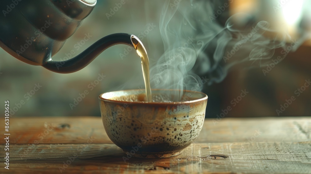 Poster Pouring hot coffee from a kettle into a ceramic cup on a wooden table Aromas linger as the individual savors their morning beverage