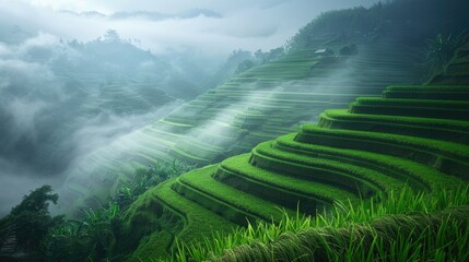 Serene rice terraces shrouded in mist, offering a tranquil and breathtaking landscape.