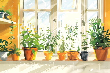 Potted plants on sunny windowsill inside home, sunlight streaming through window