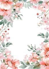 Obraz premium loral frame, pastel pink and beige tones, simple watercolor clipart of an empty floral frame border on a white background with margins and defined edges, in a high resolution style.