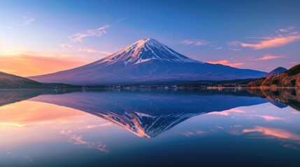 Fototapeta premium Serene sunrise over snow-capped mountain reflected in a still lake. Peaceful, majestic landscape.