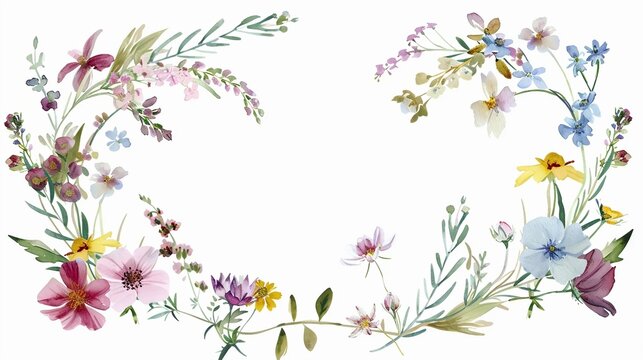 watercolor wildflower wreath clipart, white background, clean and simple design, in the shape of an oval frame, muted colors