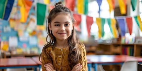 Excited young girl learning a foreign language in a classroom surrounded by flags. Concept Education, Language learning, Classroom environment, Multicultural experience, Student enthusiasm