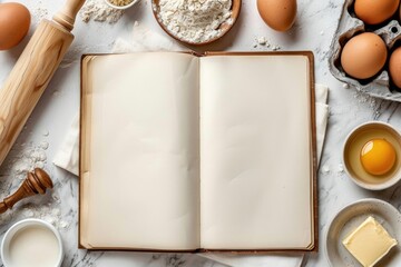 Top view of baking ingredients with blank recipe book.
