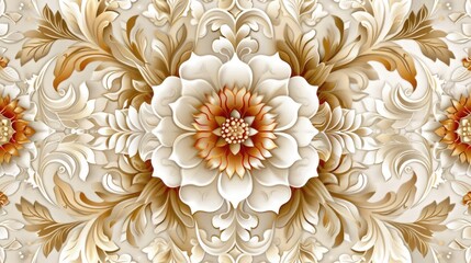 Intricate Floral Design in Creamy and Golden Hues. Aesthetic Design for Textile Fabric Production Motif. Paper Romantic Gift