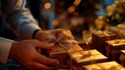 Hands tying a golden ribbon on a festive gift box with other gifts in the background.
