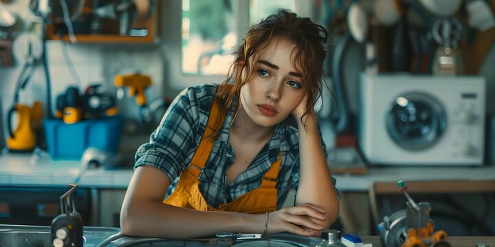 A young woman facing challenges while trying DIY plumbing repairs at home. Concept Home improvement, DIY projects, plumbing repairs, challenges faced, young woman