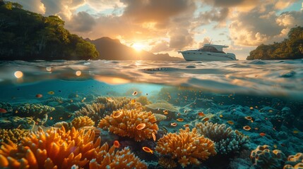 Tropical Island Sunset With Boat and Coral Reef