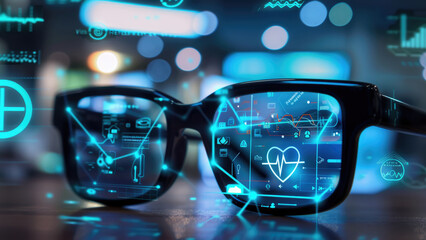 Glasses with a digital interface and holographic displays. Technological elements and data are displayed on the lenses, creating a futuristic look.
