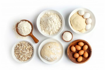 Top view of dough and baking ingredients isolated on white