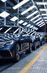 A production line of luxury cars inside a factory.

