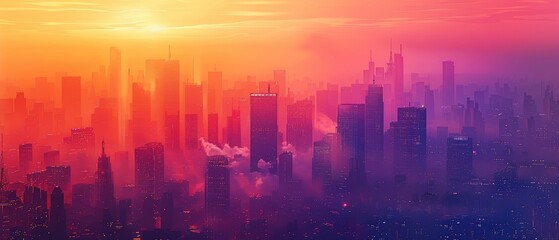 Silhouette of a city skyline at sunset, with a vibrant orange and purple sky.