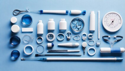 Medical concept of health care, clinical diagnostics, laboratory tests, analysis, physiological examination, doctoral accessories. Purity, white and blue color, flat lay.