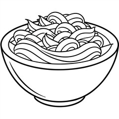 Coloring book illustration of spaghetti in a bowl in black and white
