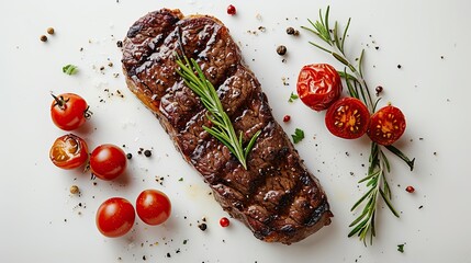 A beautifully grilled filet mignon steak garnished with fresh rosemary and peppercorns on a white plate, presenting a high-quality gourmet dish.
