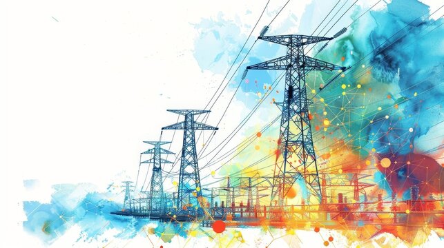 Distributed energy resources on power grid platform, watercolor style, decentralized energy