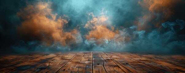Mysterious Smoky Background with Wooden Table Abstract Fog and Light Effects for Dramatic Scenes. Halloween, All Saints Day Celebration
