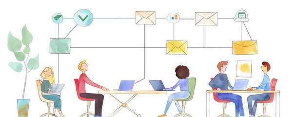Flow diagram showing task delegation among team members, watercolor style, clear responsibilities