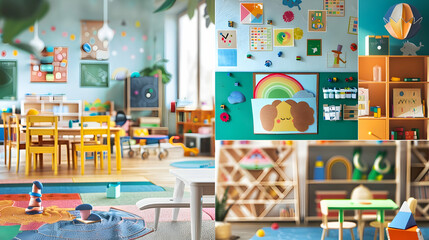 Montage of classroom scenes adorned with educational supplies, teaching aids, and playful learning...