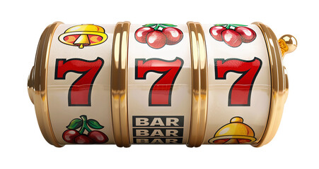 Stock image of jackpot streak 777 on slot machine isolated on a transparent background, concept of winning big in a casino