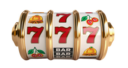 Stock image of jackpot streak 777 on slot machine isolated on a transparent background, concept of winning big in a casino