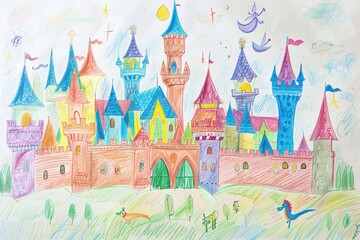 Whimsical Fairy Tale Castle Drawing - Colorful Children's Art for Posters and Cards, Imaginative Fantasy Castle Illustration