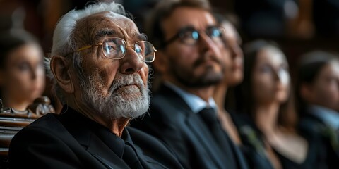 Obraz premium Elderly man grieves at a funeral with comforting family members. Concept Family Support, Grief and Loss, Emotional Connection, Life Transitions, Supportive Relationships