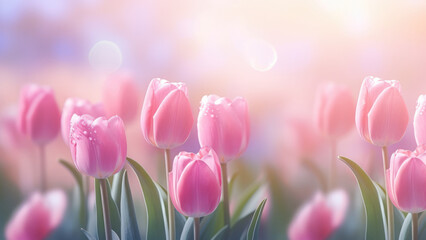 Pink tulips covered with dew on the background of gentle dawn light. Thin drops of water emphasize their beauty and freshness.
