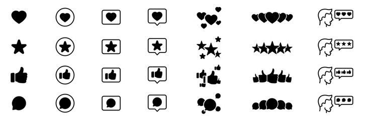 Black rating icons, review expressed with five stars, thumbs up, or good customer rating feedback emoticon. Vector symbols of 5 stars for best quality or satisfaction and positive customer survey or f