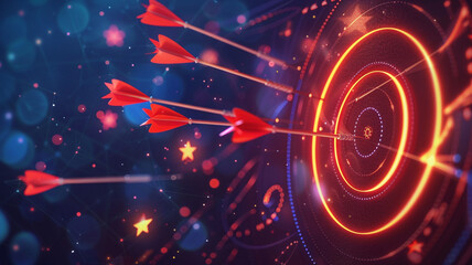 Obraz premium Digital target with data and icons surrounding it, symbolizing goal achievement and precision, ideal for business themes.