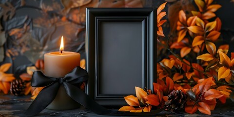 Photo frame with black ribbon burning candle plastic flower wreath on table. Concept Prop styling, Tabletop decor, Candlelight ambiance, Floral wreath centerpiece, Photo frame arrangement