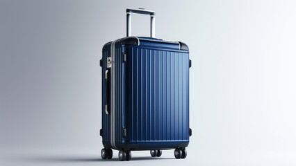 Fototapeta premium A sleek blue hard-shell suitcase with a retractable handle and four wheels, standing on a plain background. The suitcase exudes modernity and functionality.