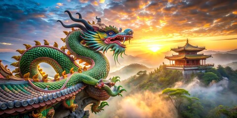 Fototapeta premium Colorful majestic dragon curled around ancient temple ruins, intricately carved stone scales glisten in misty morning sunlight, symbolizing good fortune and prosperity in Chinese culture.
