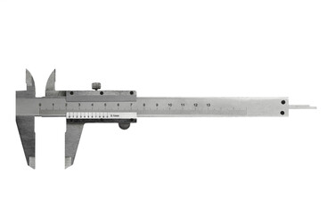metal vernier caliper, construction and working measuring tool, isolated on a white background