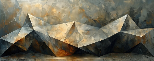 Abstract artful background with shapes and forms in the style of cubism, dark gray and light bronze, angular perspective, many lines, digital art techniques, wall painting effect, 4K, wallpaper