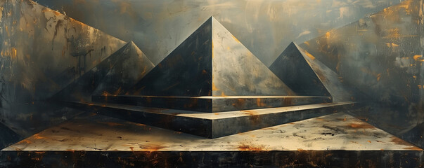 Abstract artful background with shapes and forms in the style of cubism, dark gray and light bronze, angular perspective, many lines, digital art techniques, wall painting effect, 4K, wallpaper