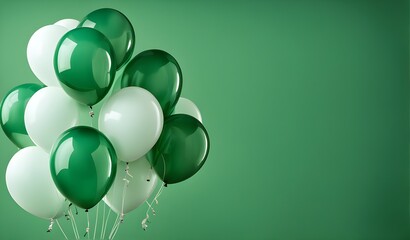 Cluster of green and white balloons on a green background, perfect for celebrations, parties, and festive decorations.