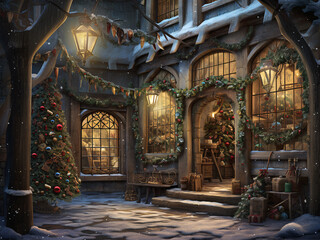 Obraz premium Night view of the snowy entrance to the house and the Christmas decorated house and Christmas tree in front of the house. 