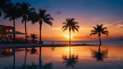 Obraz premium high-end resort by the beach with an infinity pool overlooking the ocean, framed by tall palm trees and bathed in the warm glow of a sunset
