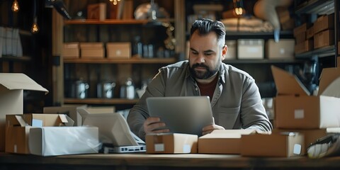 A male entrepreneur preparing orders for quick online delivery to customers. Concept Entrepreneurship, E-commerce, Online Orders, Quick Delivery, Business Operations