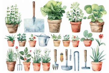 Watercolor illustration of potted plants and gardening tools. Includes various green plants in terracotta pots and essential garden tools.