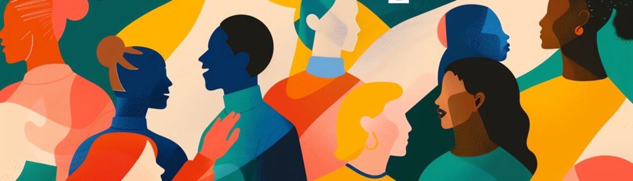 A diverse group of people of different races, ethnicities, and genders are depicted in a colorful and abstract manner