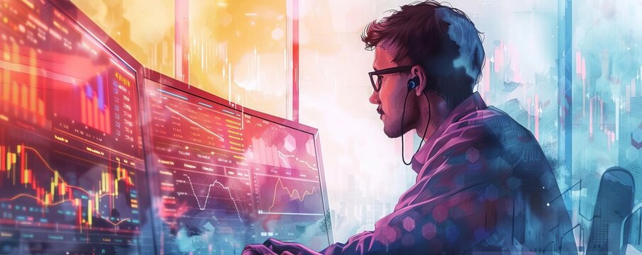Trader working with energy trading algorithms, watercolor style, datadriven approach