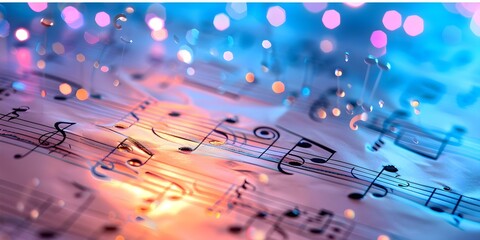 Vibrant musical notes on sheet music backdrop for artistic endeavors. Concept Music Inspiration,...