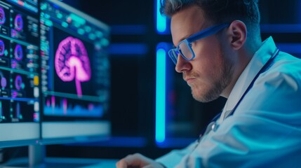Obraz premium Psychologist analyzing holographic mental health data during therapy sessions, interactive digital counseling tools and patient feedback, futuristic office, vibrant neon colors, high clarity