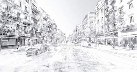 Fototapeta premium black and white sketch of modern and minimalistic American street, 3d illustration isolated on a white background