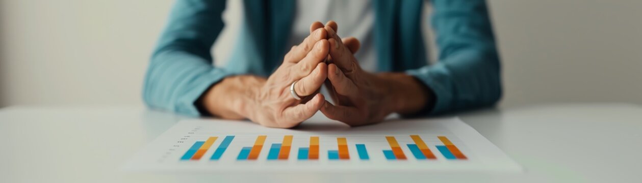 A business professional is sitting at a desk looking at a graph. He has his hands folded in front of him and is wearing a thoughtful expression.
